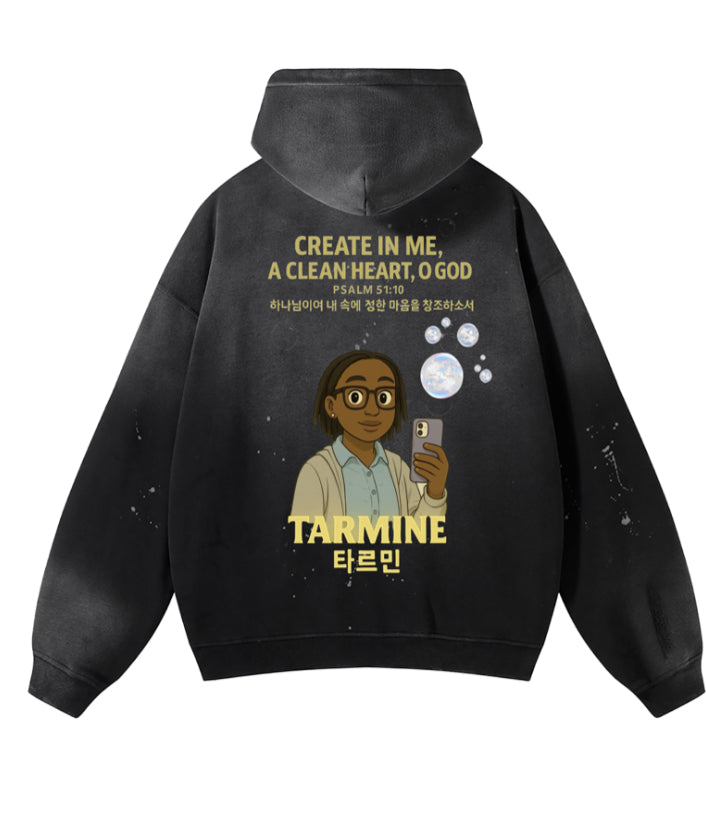 Vintage Washed Frayed Custom Fleece Hoodie + No Animation in Front